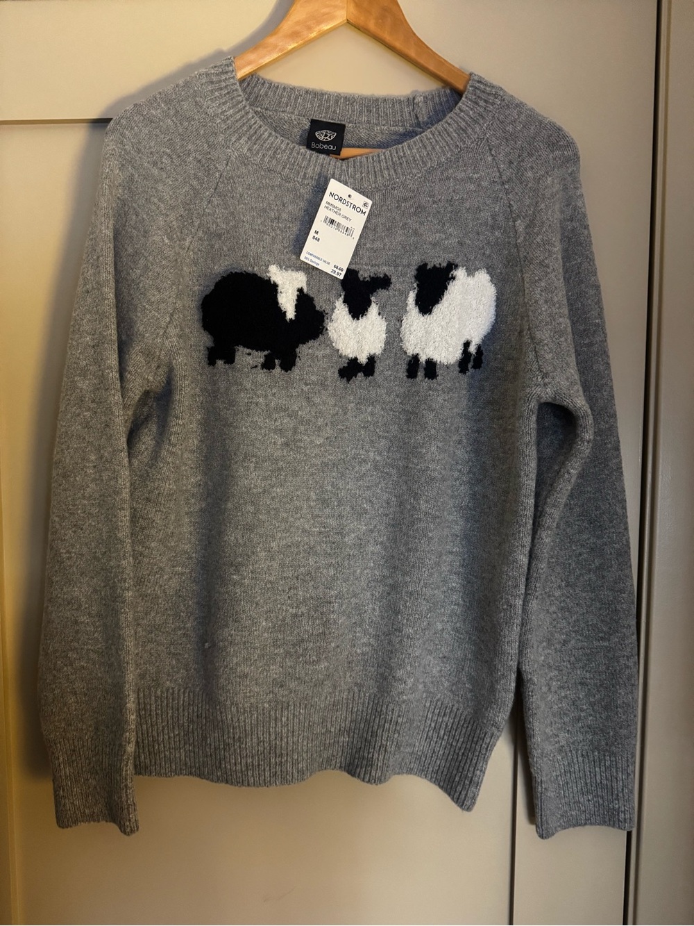 Bobeau Women's Grey Sheep-Intarsia Crewneck Sweater